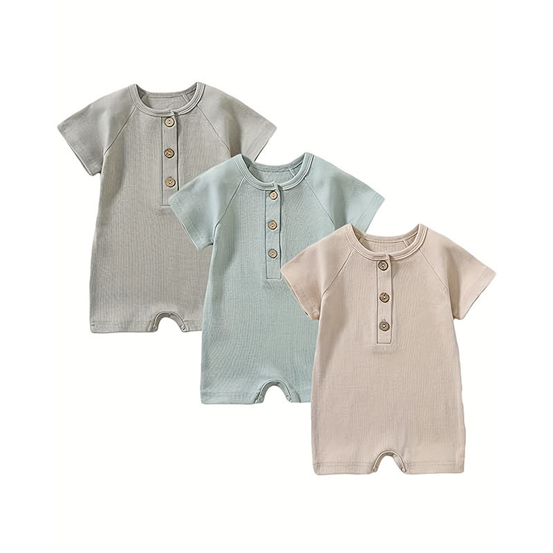 3-Pack Ribbed Cotton Baby Rompers – Neutral Set
