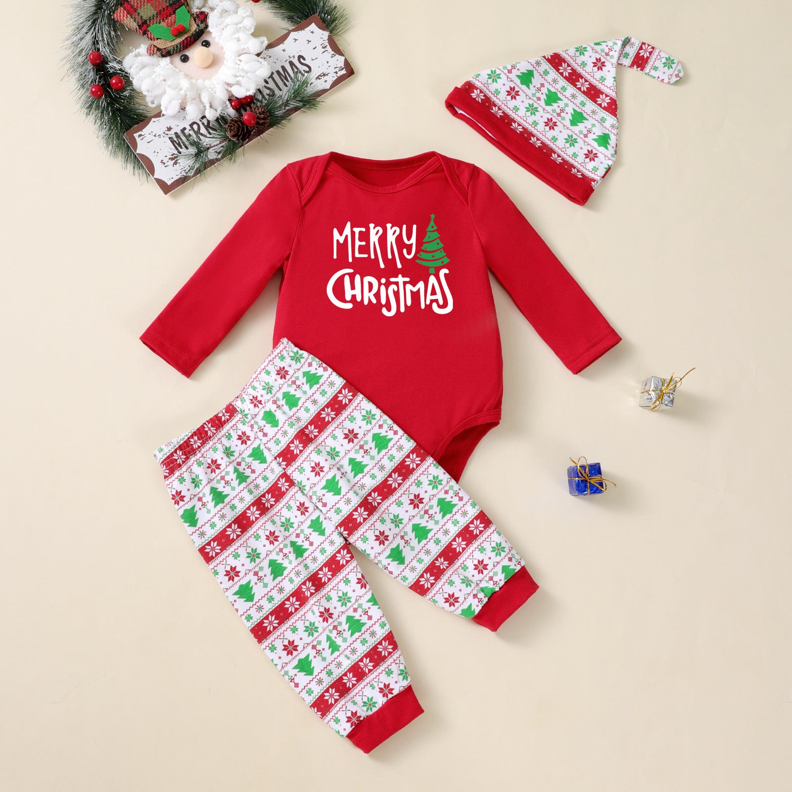 Christmas Tree 3-Piece Holiday Outfit (Bodysuit + Pants + Hat)