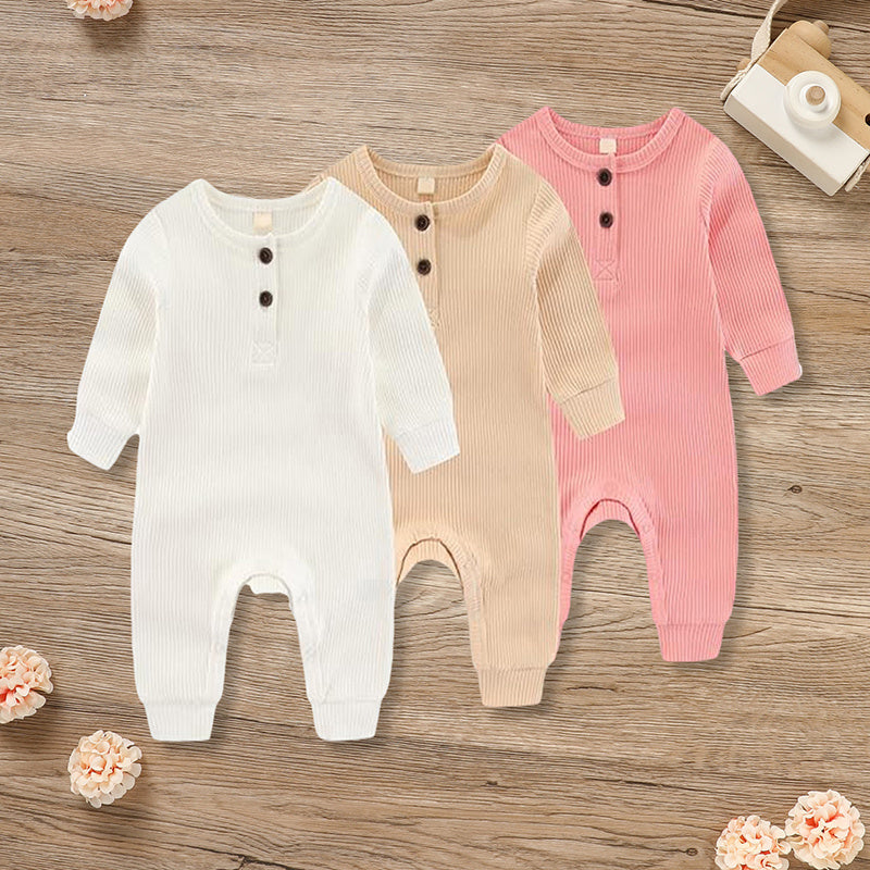 3-Pack Ribbed Cotton Baby Rompers – Soft Long Sleeve Set