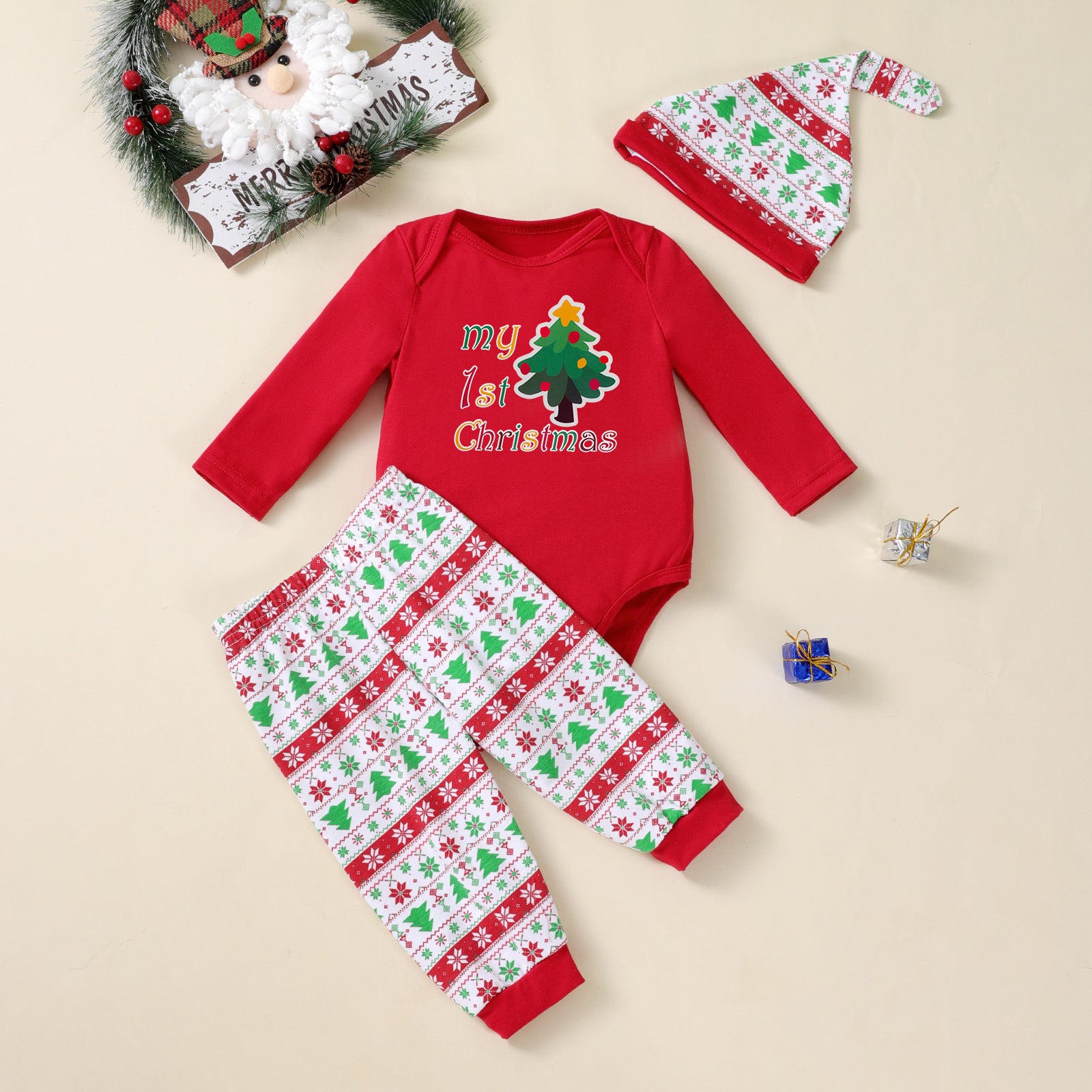 Christmas Tree 3-Piece Holiday Outfit (Bodysuit + Pants + Hat)